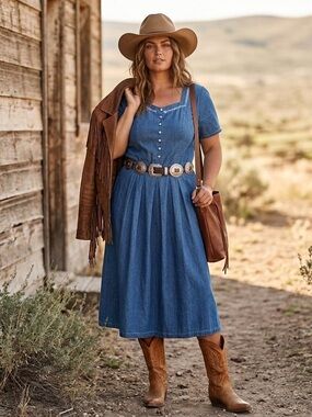 Vintage Denim Midi Dress sweetheart Square neckline embroidered blue jean dress